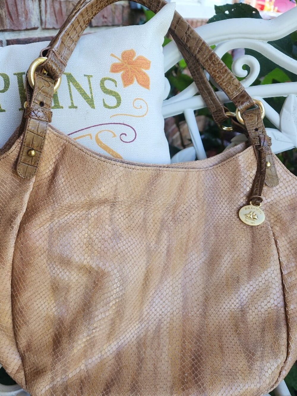 Brahmin Tan Snakeskin Embossed Leather Shoulder Hobo Bag